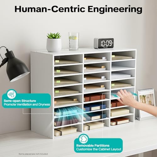 24 Slot Mail Sorter Organizer, Wood Literature Organizer Student Mailbox for Classroom, Desktop File Paper Storage Rack for Office Home School - 29" L×11.9”W×23.5“H (White, 24-Compartment-B) - Image 5