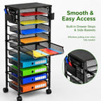 Ekisemio 11-Tier Rolling File Cart, Mobile Desk-Side Organizer with Top Shelf and Side Baskets, Wire Storage Rack for Letter Folders, Home Office & School, Black - Image 5