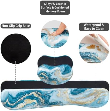 QiyI PU Leather Desk Mat Set, 4-in-1 Ergonomic Wrist Rest, Blue Fluid Art - Image 6