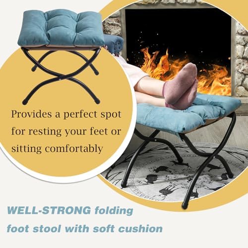 15" Upholstered Folding Foot Rest Stool with Foldable Metal Frame Blue - Image 3