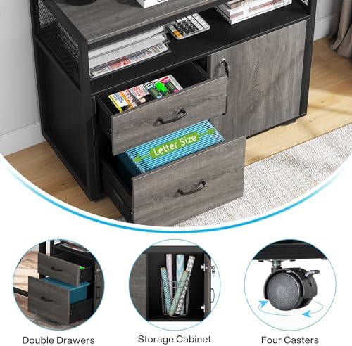 Tribesigns Modern File Cabinet with Drawers for Letter-Sized File and Door, Lockable lateral Filing Cabinet Printer Stand with Storage Shelves and with Rolling Caster for Home Office (Gray) - Image 4