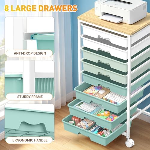 SUNALLY Rolling Cart With 8 Drawers,Storage Drawer Cart for Craft Art,Green - Image 5
