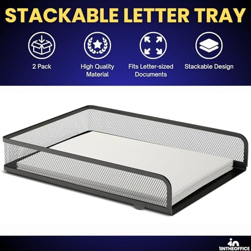 1InTheOffice Letter Trays for Desk Stackable, Front-Load Mesh Desk Tray Organizer, Black, 2 Pack - Image 2