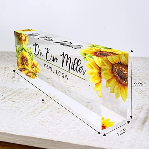 Artblox Office Desk Name Plate Personalized | Custom Name Plates for Desks | Sunflowers Design On Clear Acrylic Glass | Office Desk Decor - (8" x 2.5") - Image 3