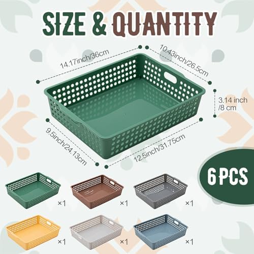 Geetery 6 Pack Classroom Storage Baskets with Handle 14''x10'' Paper Tray Holds A4 Turn in Trays Plastic Paper Baskets Desk Organizer Bin for Classroom, Library, Office, Home (Cottage Color) - Image 2