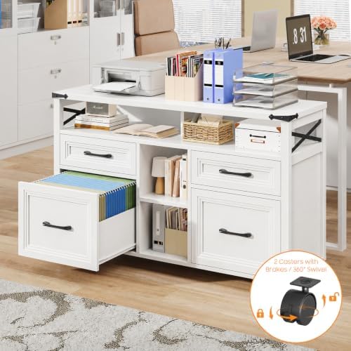 Halitaa Farmhouse Filing Cabinet with Adjustable Shelf & Wheels, White - Image 4
