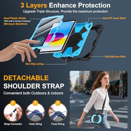 Case for iPad (A16) 11th/10th Generation 11/10.9 Inch 2025/2022, Ubearkk for iPad a16 case with Screen Protector, 360 Degree Rotating Stand Shoulder Strap Pencil Holder,Black Blue - Image 3