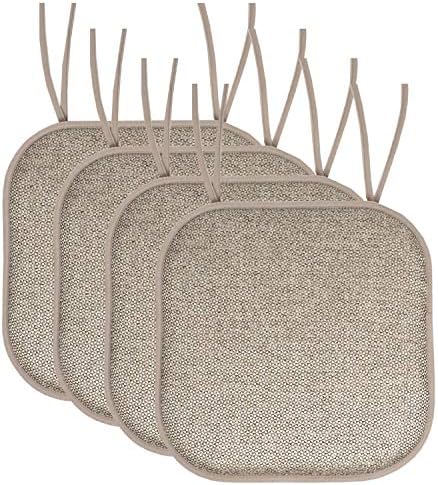 Sweet Home Collection Chair Cushion Memory Foam Pads with Ties Honeycomb Pattern Slip Non Skid Rubber Back Rounded Square 16" x 16" Seat Cover, 4 Pack, Cameron Beige Taupe by SweetHomeCollection