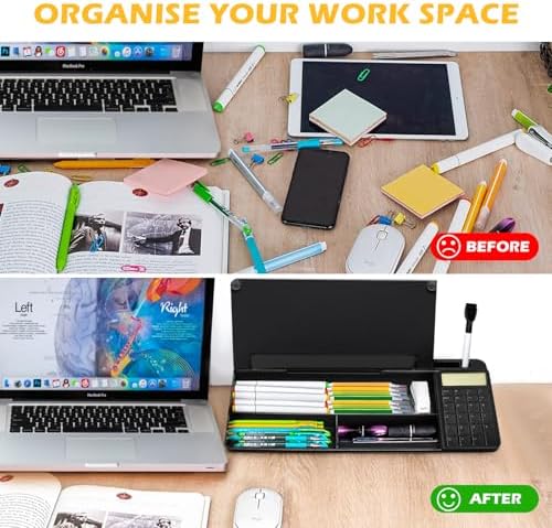 Desktop Glass Whiteboard with Calculator(12 Digit LCD Display) & Ruler Marker,Tilted Notepad Computer Keyboard Stand with Black Dry Erase Board Surface, Desk Organizers with Accessories,Black - Image 4