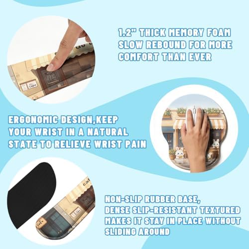 Kawaii Bunny Desk Mat Set Cozy Cartoon Bunny Cafe Mouse Pad with Wrist Rest 4in1 Desk Mat for Desktop Ergonomic Keyboard Wrist Support Anti-Slip Computer Ergonomic Mouse Pad Home Office Gaming - Image 3