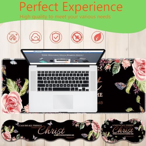 4 in 1 Mouse Pad Combo, Large Gaming Mouse Pad + Keyboard Wrist Support + Mouse Wrist Rest + Coaster, Table Pad with Stitched Edge Ergonomic Wrist Pad Set, Philippians 4-13 Flowers - Image 6