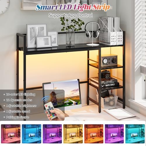 HavenlyYouth Desk Shelf with LED Light Strip, 3-Tier Storage Desktop Organizer Shelf, 38.6" Wood Desktop Bookshelf for Computer Monitor, Desk Hutch for Home Office Dorm, Black - Image 5