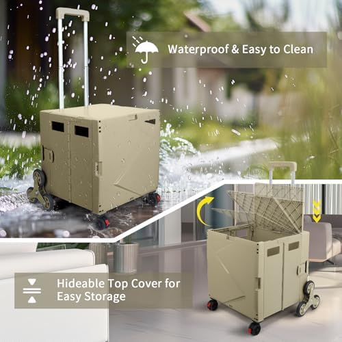 76L Folding Utility Cart Portable Rolling Crate Handcart Shopping Collapsible Tool Box with Stair Climbing Wheels,Hidden Lid,2 Rotate Wheels,for Grocery,Shopping,Office,Storage(Brown) - Image 6