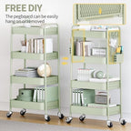 TOOLF 4 Tier Rolling Cart, Metal Utility Storage Cart with Pegboard, Green - Image 3