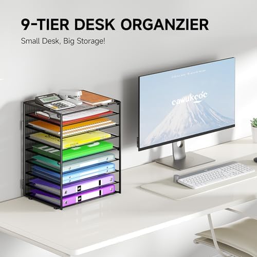 Cawukege 9 Tier Paper Organizer with Handle, 2 Pack Large Capacity Desk Organizer Mesh Paper Letter Tray File Folder Document Sorter for Classroom and Office Accessories Organization- Black - Image 2