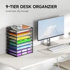 Cawukege 9 Tier Paper Organizer with Handle, Black Large Capacity Desk Organizer Mesh File Folder Letter Paper Tray Desktop Document Sorter for Classroom, School, and Office Accessories Organization - Image 2