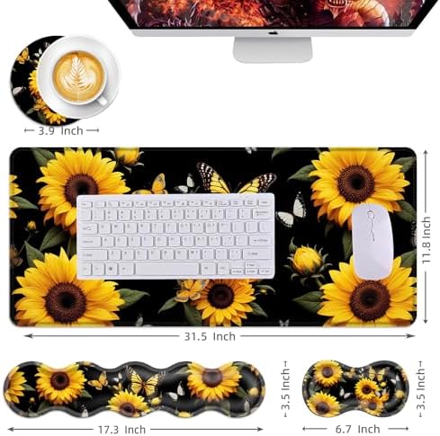 Mouse Pad,Large Desk Mat Set, 4in1 XL Mousepad + Keyboard Wrist Rest+Mouse Wrist Rest+Coaster with Ergonomic Desk Pad for Home Office Table Computer Cover -Sunflower Butterfly - Image 6