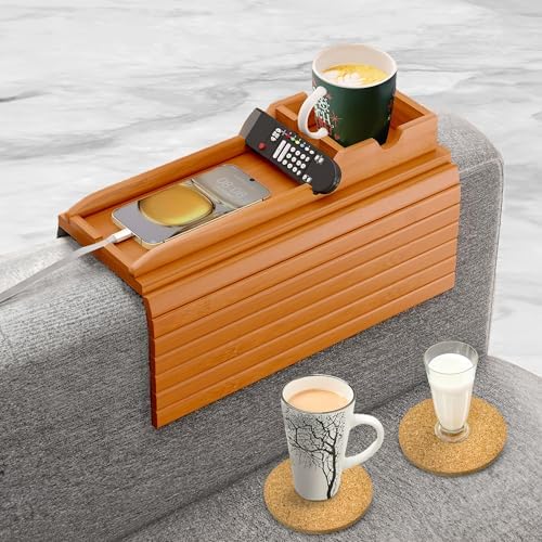 Bamboo Couch Cup Holder, 2 Cork Coasters, Anti-Slip Foldable Couch Arm Tray by AuroraSynth