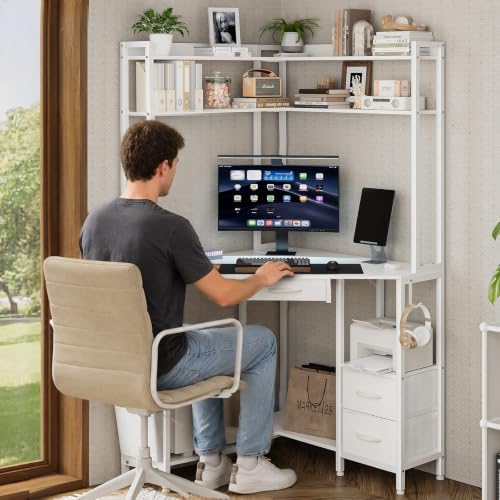 VENNQD Corner Desk with Drawers Shelves, Office Desk with Hutch, Triangle Corner Gaming Computer Desk with Storage Bag, Power Outlets and Hook for Home Office Workstation (White) - Image 7