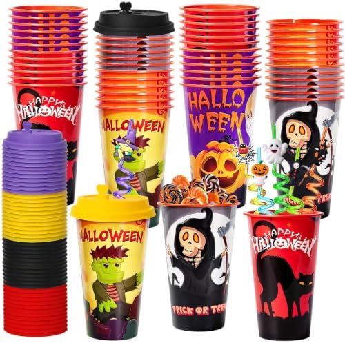 AFZMON 48 Sets Halloween Party Favors Goodie Cups with Lids and Straws Bulk by AFZMON