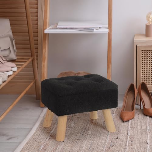 OGEMXU Storage Ottoman, Small Foot Stool Ottoman with Storage, Boucle Teddy Velvet Foot Rest with Padded Seat, Sturdy Wood Legs Stool for Living Room, Bedroom, Couch, Enterway (Black) - Image 7