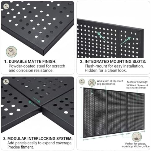 36 x 20 Inch Metal Pegboard Kit, 3Pack Pegboard Panels with 100Pack Hooks, Black Peg Board Wall Organizer for Garage Workbench - Image 3