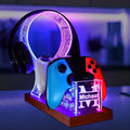 YuanDian Gamer Gifts for Teenage Boy, Desk Gaming Headset and Controller Stand with Blue Pink LED Night Light, Acrylic Wooden Controller Holder with PCB Pattern, Desk Decor Gift (Customized) by YuanDian