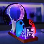 YuanDian Gamer Gifts for Teenage Boy, Desk Gaming Headset and Controller Stand with Blue Pink LED Night Light, Acrylic Wooden Controller Holder with PCB Pattern, Desk Decor Gift (Customized) by YuanDian