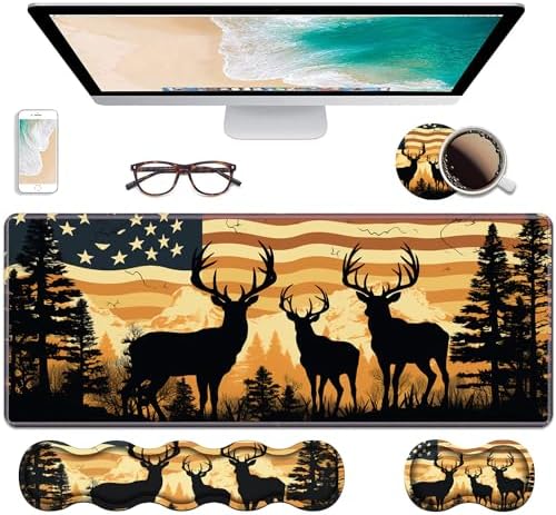 Ergonomic Keyboard Wrist Rest & Mouse Pad Wrist Rest Set, Large XXL Gaming Desk Mat 31.5"x 11.8" with Non-Slip Base, Memory Foam, Easy Typing Pain Relief for Home & Office, American Flag Deer by Unknown