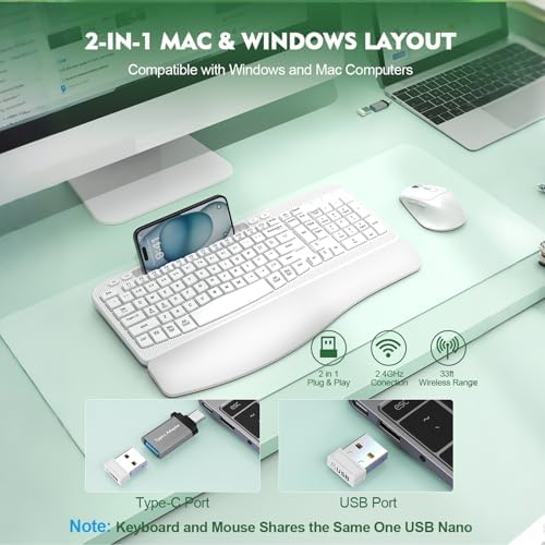Wireless Keyboard and Mouse Combo, Full-Sized Ergonomic Wave Keys Keyboard with Memory Foam Wrist Rest & Phone Holder, 2.4G Quiet Keyboard Mouse Work Setup for PC Laptop, Office or Home (White) - Image 6