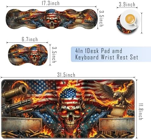 TGFEWYTJYJ Extended Gaming Mouse Pad,Memory Foam Ergonomic Keyboard Mouse Wrist Rest Support Set,Large Desk Mat with Stitched Edges,Non-Slip Base Mousepad Home Office,Flame Skull American Flag - Image 2