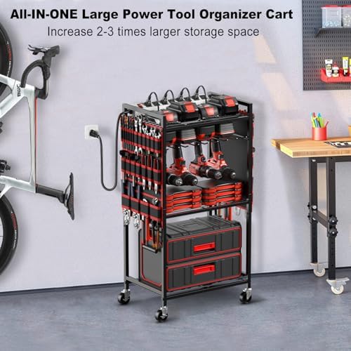 JUNNUJ Power Tool Organizer Cart with Charging Station, 10 FT Cord, Red - Image 6