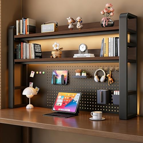 Desk Shelf - Includes a Pegboard and a Free 31-Piece Storage Accessory Set, Desk Hutch, Adjustable Hutch for Home Office Dorm (3-Tier Black Frame + Walnut Board 61×9.8×36.6") by Unknown