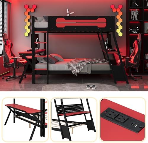 Polibi Full Over Full Bunk Bed with 2 Built-in Gaming Desks, USB Charging Ports & Pegboard Organizer, Heavy-Duty Gaming Bed Frame for Teens/Adults, Red (Full Size) - Image 3