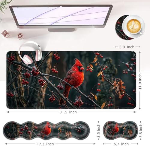 Large Keyboard Mouse Pad Set, Extended Mouse Pad+Keyboard Wrist Rest Support, Memory Foam Ergonomic Easy Typing, 4Pcs (31.5×11.8 in) Desk Pad Set for Office Home,Cardinal Bird - Image 6