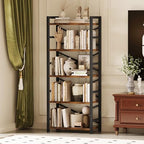 Organization and Storage, 5 Tier Bookshelf, Tall Bookcase with Shelves, Wood and Metal Book Shelf Storage Organizer, Industrial Display Standing Shelf Unit for Bedroom, Living Room, Rustic Brown - Image 2