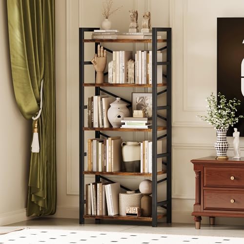 Organization and Storage, 5 Tier Bookshelf, Tall Bookcase with Shelves, Wood and Metal Book Shelf Storage Organizer, Industrial Display Standing Shelf Unit for Bedroom, Living Room, Rustic Brown - Image 2