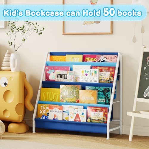 Aokitsink Kid Bookshelf for Kids Rooms, 4-Tier Blue Montessori Bookshelf,Toddler Children Bookshelf,Metal Kid's Book Storage Organizer for Boys Room Furniture Playroom Kindergarten - Image 5