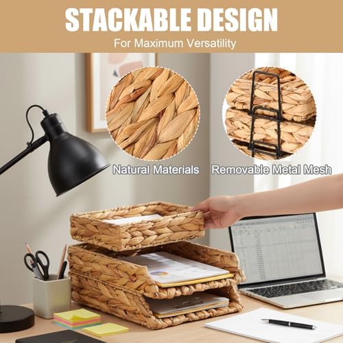 Geelin 3 Pack Water Hyacinth Woven Stackable Letter Paper Tray, Primary - Image 4