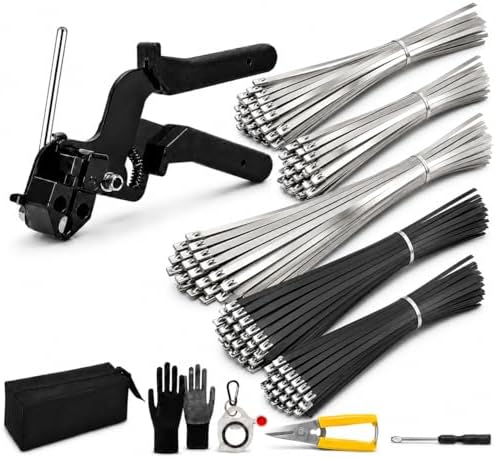 450Pcs Metal Zip Ties Gun Kit, Silver 8/12/16in & Black 8/12in Stainless Steel Zip Ties, Heavy Duty Cable Tie Fastening Cutting Tool Set with Organizer, Gloves, Storage Bag for Fence, Exhaust Wrap by Unknown