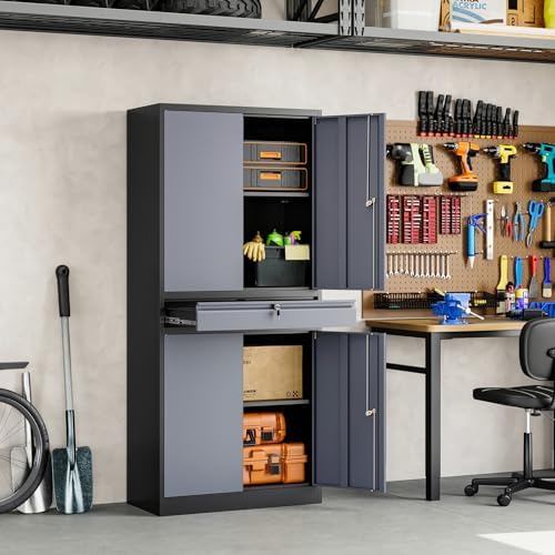 Yizosh Metal Garage Storage Cabinet with Locking Doors and Adjustable Shelves, 71" Steel Tool Storage Cabinet with 1 Drawer for Garage,Office,Warehouse (Gray Black) - Image 6