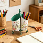 360° Rotating Metal Pen Holder for Desk, Cute Floral Bird Desktop Organizer with Dome Roof, Pencil Cup & Remote Control Holder for Home Office (Green) by Zokyntrix