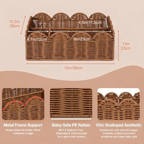 Wicker Diaper Caddy Organizer, Nursery Storage Basket for Diapers and Baby Wipes, Baby Essentials Organizer for Changing Table, Splinter Free Rattan Style (Tea Brown, L) - Image 3