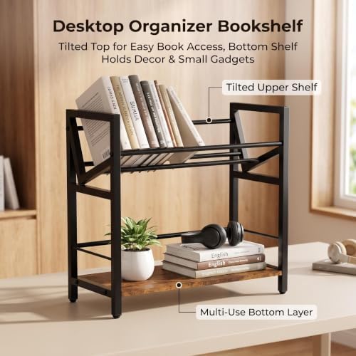 2-Tier Desktop Bookshelf, Office Desk Shelf Organizer, Slanted Book Rack - Image 5