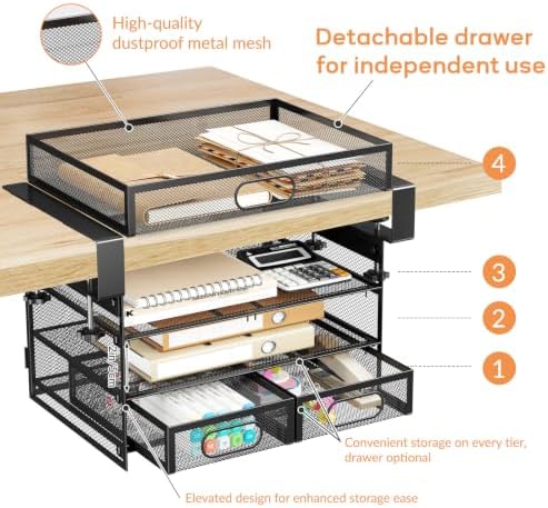Under Desk Drawer Storage Organizer 3-Tier No Drill Office Black - Image 4