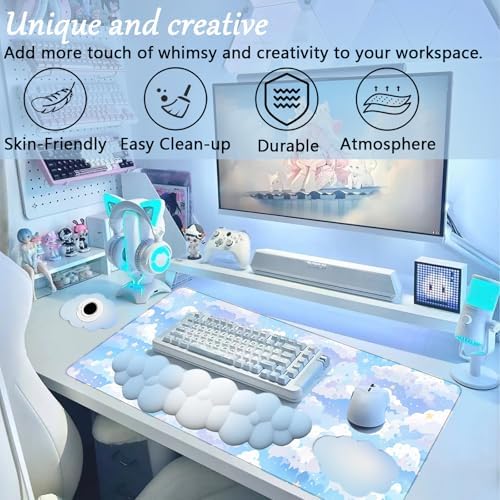 Blue Cloud Mouse Pad and Keyboard Wrist Rest 4PCS Extended Large Stars Desk Mat Pad Set Memory Foam Non-Slip Ergonomic Cute Gaming Mouse Pad Wrist Support for Computer Laptop Home Office - Image 2