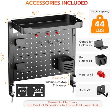ARES WING Desk Clamp On Pegboard with 16 inches Organizer Shelf, Black - Image 2