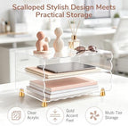 2+1 Tier Paper Letter Tray,Acrylic Desk Organizer with Scalloped Edge& Gold Metal Feet,Top Display Design,Space Saving Clear Organizer for Women, A4 File, Letter, Books,Notes,Home & Office - Image 2
