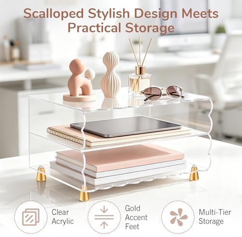2+1 Tier Paper Letter Tray,Acrylic Desk Organizer with Scalloped Edge& Gold Metal Feet,Top Display Design,Space Saving Clear Organizer for Women, A4 File, Letter, Books,Notes,Home & Office - Image 2