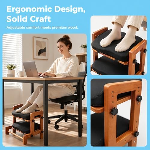 Adjustable Rubber Wood Foot Rest Under Desk - Double Layer Ergonomic Foot Pad with 4-Level Angle Adjustment for Both Layers, Soft Cushion for Office, Home & Gaming - Image 4